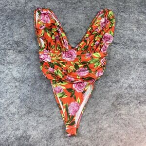 NWT ZARA Floral One Piece Medium Bathing Swimsuit Plunging V Neck Snap Closing‎